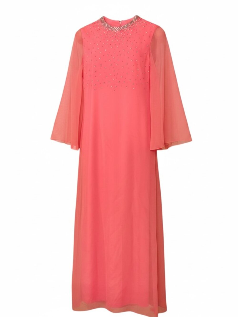 Vtg ILGWU 1970s Nat Kaplan Couture Rhinestone Studded Coral Pink Maxi Gown S
